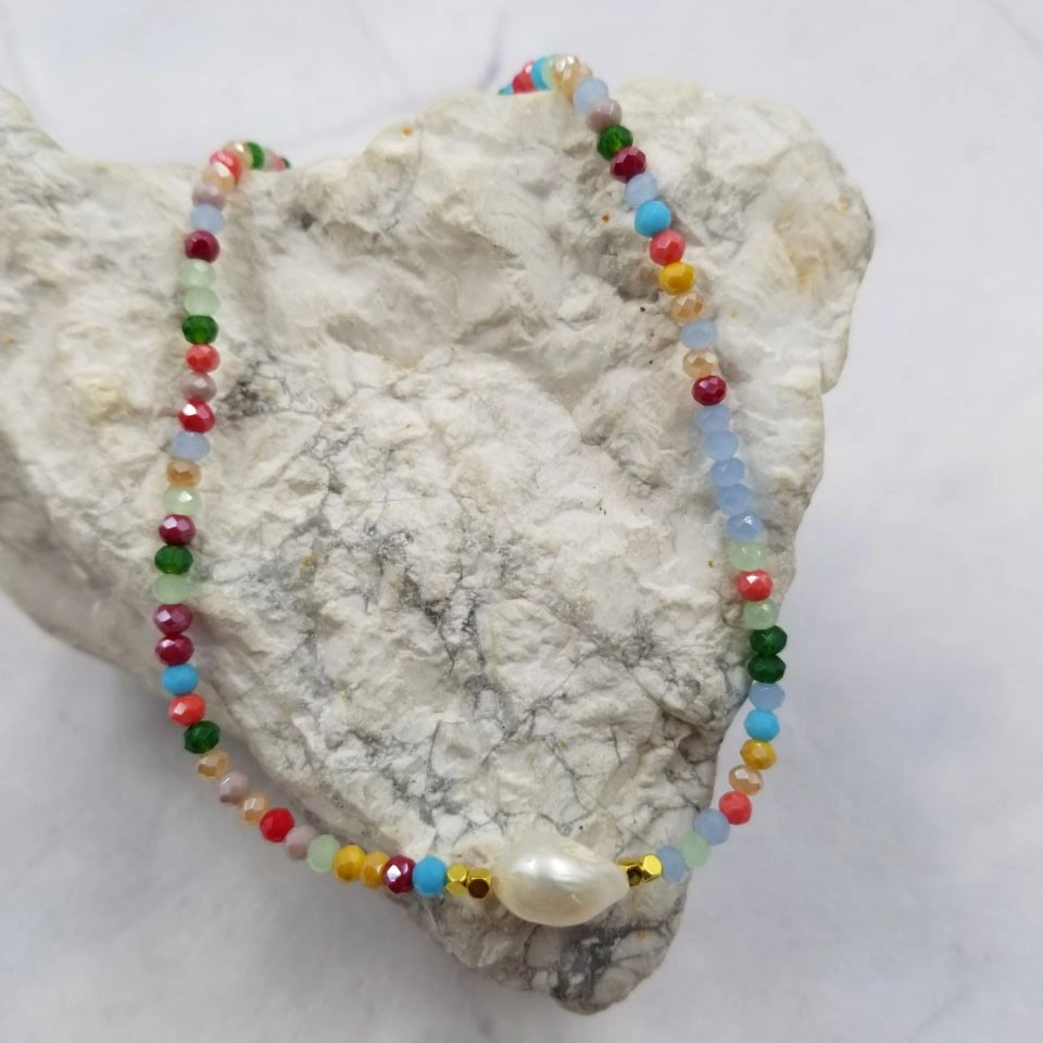 Colorful Glass Beaded Freshwater Pearl Necklace