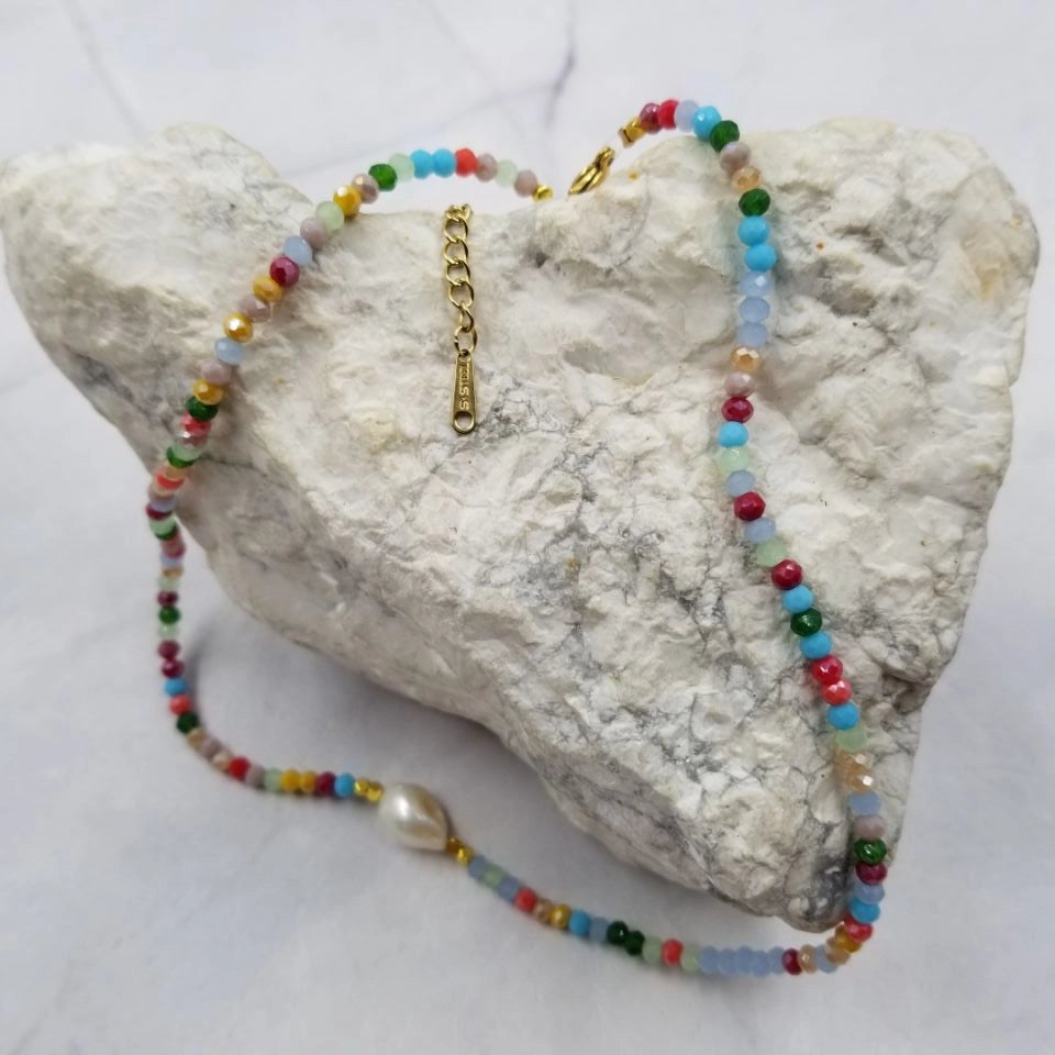Colorful Glass Beaded Freshwater Pearl Necklace